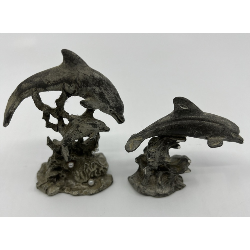 Pewter Dolphins Figurines Miniatures Sea Life Ocean Animals 2.5" Tall Signed‎